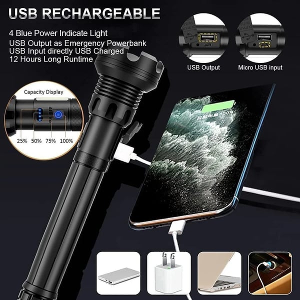 Pack Of 02 -  LED Rechargeable Tactical Laser Flashlight High Lumens